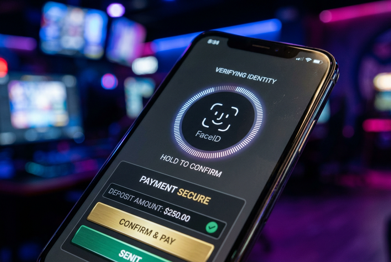 Close-up of a user performing biometric authentication for a casino payment on a smartphone.