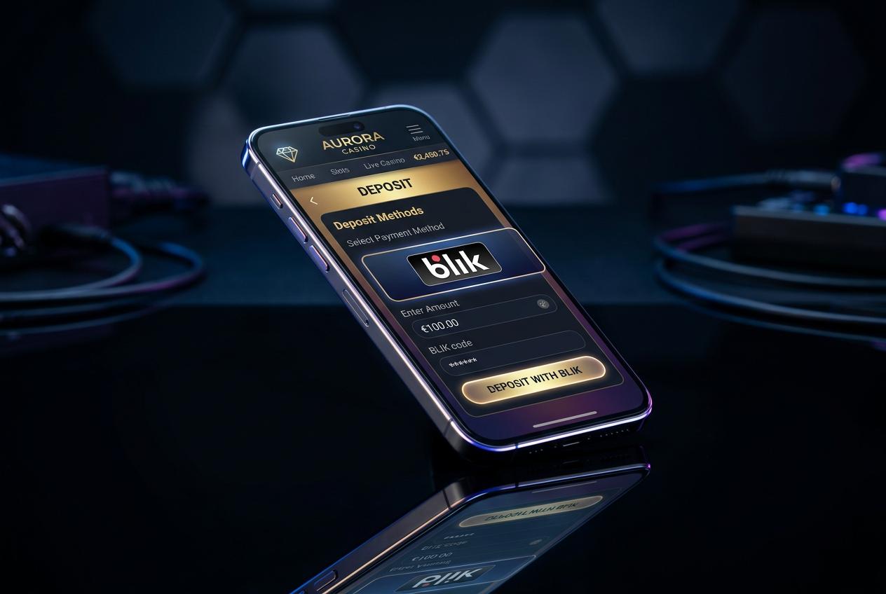 Modern smartphone displaying a luxury mobile casino lobby with a visible BLIK payment option.
