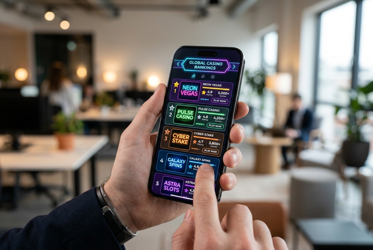Smartfon z wyświetlonym rankingiem aplikacji kasynowych w wysokiej rozdzielczości