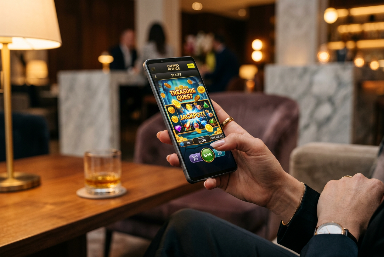 Smartfon z nowoczesną aplikacją kasynową w eleganckim otoczeniu