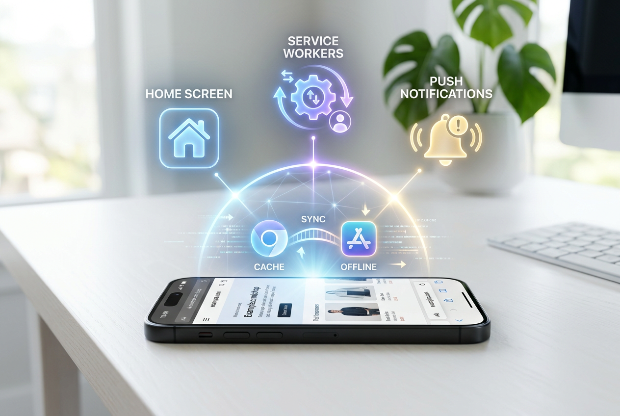 Koncepcja technologii PWA łączącej sieć z aplikacją mobilną na iOS