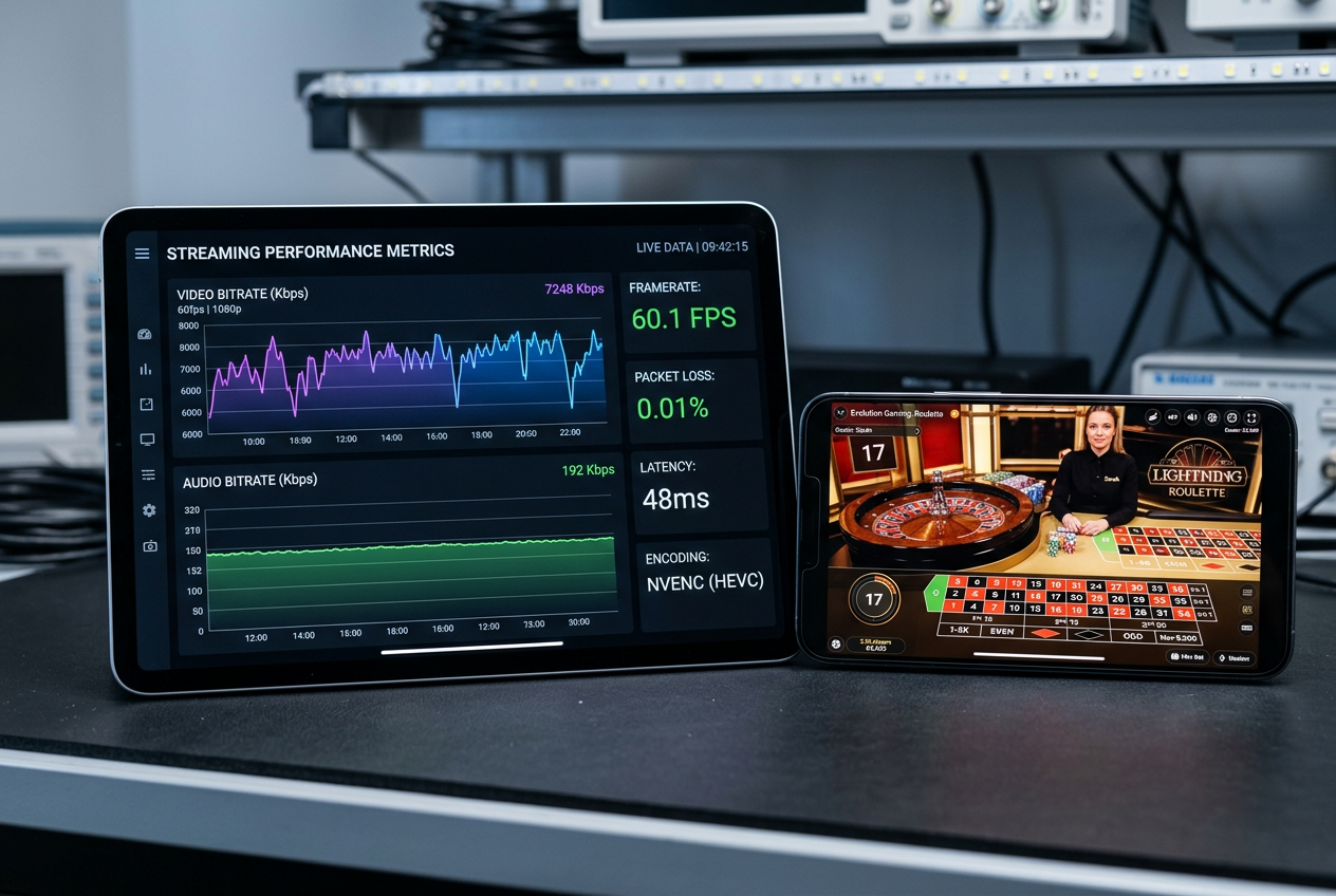 Technical data visualization showing bitrate and frame rate stability for a mobile casino.